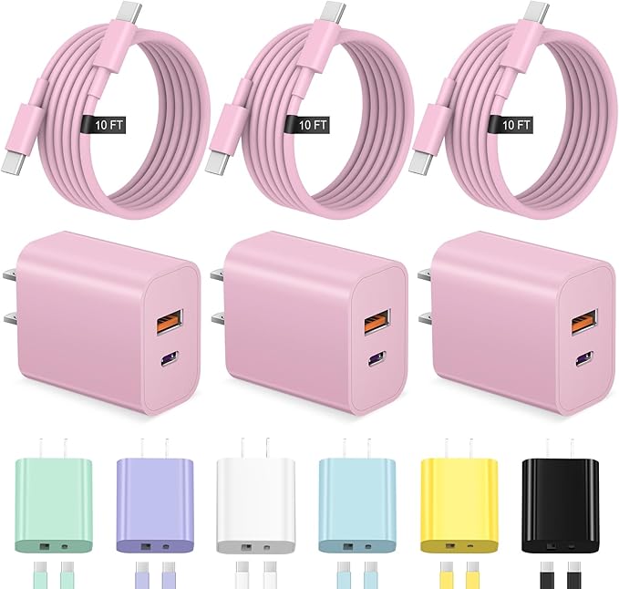 iPhone 17 16 15 Charger Fast Charging 10FT Long USB C Charger Cable with 20W Dual Port Block - Type C Charging Cable Compatible with iPhone 17/17 Pro/17 Pro Max/17 Air, 16/16e, 15, 3 Pack (Pink)