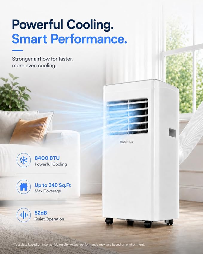 Coolblus Portable Air Conditioners, 8400 BTU air conditioner Cools Up to 350 Sq.Ft, 3 in 1 Portable AC with Remote, 24H Timer, Sleep Mode, Window Kit & Filter Brush, No Wall Required