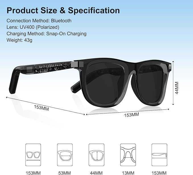 Smart Glasses, Polarized Sunglasses with Bluetooth Speaker, Wear Detection Auto On/Off, Noise Reduction, Outdoor Mode, Athletic/Outdoor UV Protection and Voice Control, Unisex (Grey)