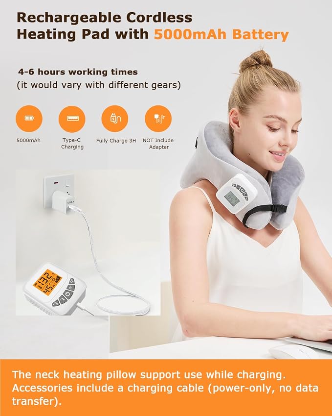 Rechargeable Heated Neck Pillow with Massage, 5000mAh Cordless Neck Heating Pad for Neck Pain, 3-Level Vibration Massage, 104-140℉ Adjustable Temp, 30/45/60Mins Timer, Type-C Cable & Storage Bag