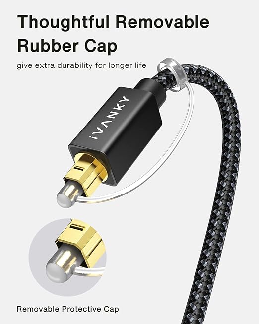 IVANKY Optical Audio Cable 3.3ft/1M, Nylon Braided, 24K Gold-Plated, Slim Metal Case, CL3 Rated, S/PDIF Digital Audio Fiber Optic Cable for Home Theater, Sound Bar, TV, PS4, Xbox, Samsung, Vizio