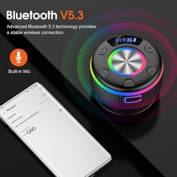 Portable Speaker Bluetooth with Loud Stereo Bass Sound, Mini Wireless Speaker with 7 RGB Lights, TF-Card USB, TWS Pairing, 4H Playtime, IP7 Waterproof Speakers for Travel Party Home Outdoor Gift