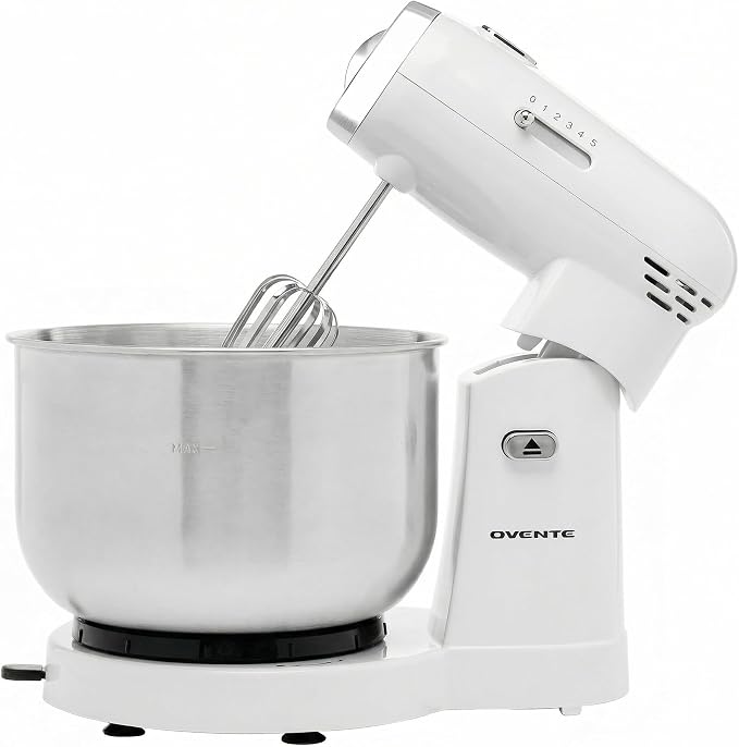 OVENTE Electric Stand Mixer with 3.5 Quarts Stainless Steel Mixing Bowl, 5 Speed Portable and Lightweight 250W Kitchen Mixer for Everyday Use, Includes 2 Egg Beater Whisk and Dough Hook, White SM680W