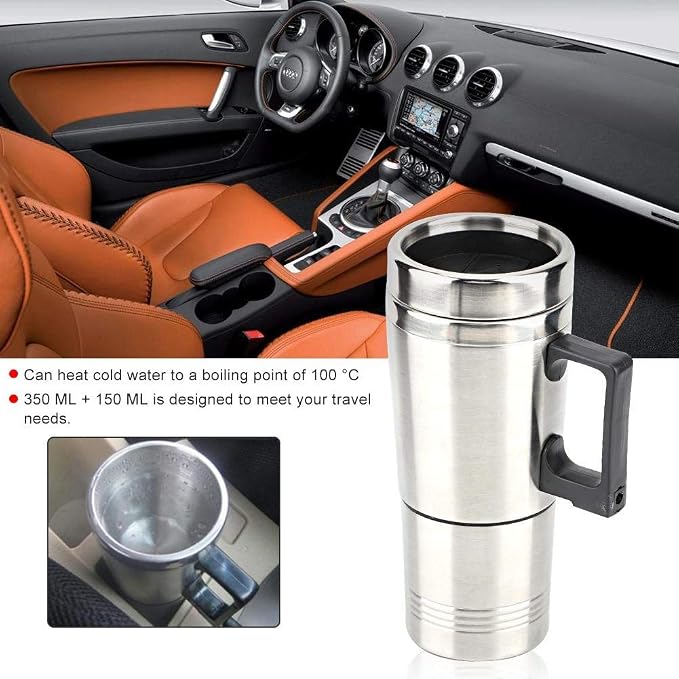 Qiilu Car Electric Kettle, 12V 350ml+150ml Stainless Steel Portable Car Electric Heating Mug Drinking Cup Travel Kettle Water Boiler for Water Tea Coffee Milk