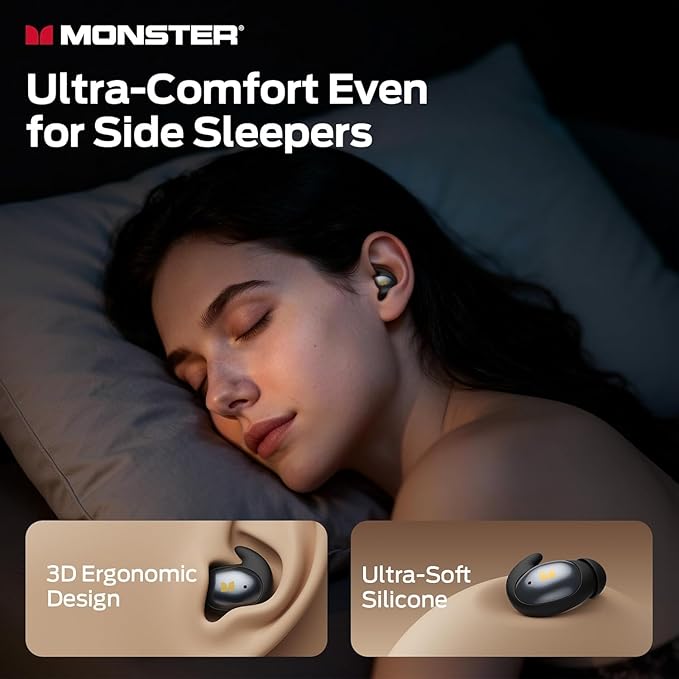Monster Sleep Ear100 Ear Buds, Sleep Headphones with Stereo Sound, Design for Side Sleeper, 32H Playtime, Bluetooth 6.0, ENC Noise Cancelling, IPX6 Waterproof Mini Earbuds, Black