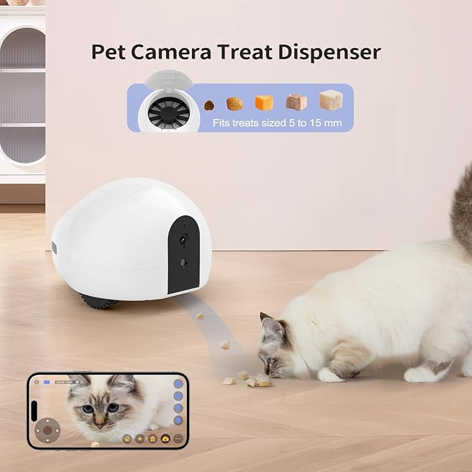Cat Camera Robot with Laser & Treat Dispenser, Moving Pet Camera Robot for Dogs and Cats, Phone App Control, Auto Recharging, Night Vision, Two-Way Audio, Interactive LED Cat Toy, 2.4G WiFi