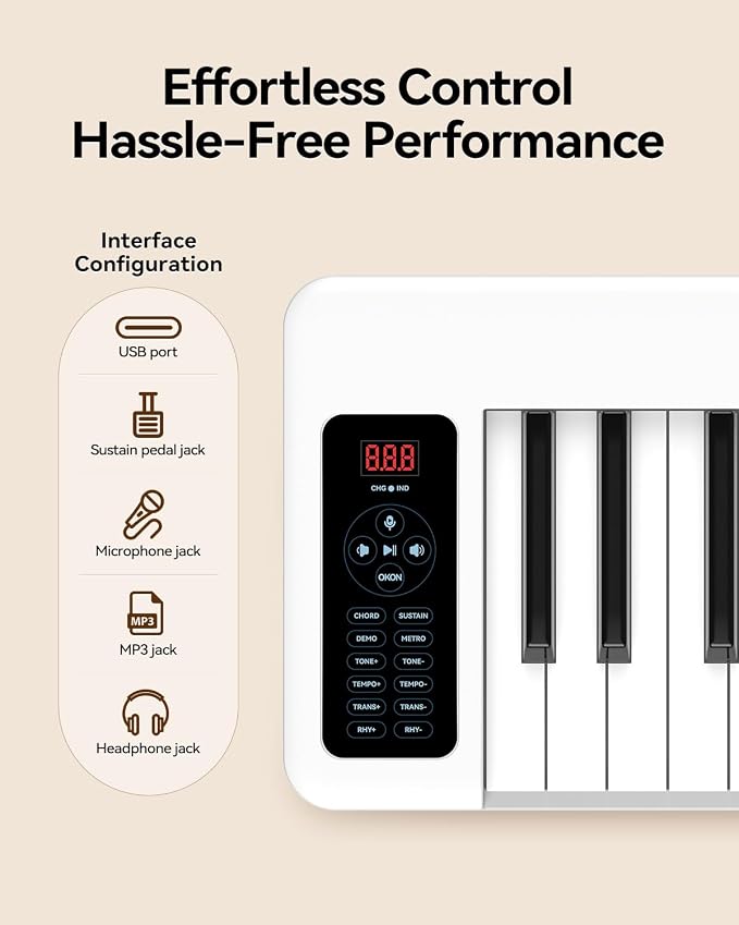 Rhymo Folding Piano Keyboard, 61 Keys Sensitive Electric Piano, Semi-Weighted Portable Electric Keyboard with Bluetooth MIDI, Digital Foldable Keyboard for Beginners(White)