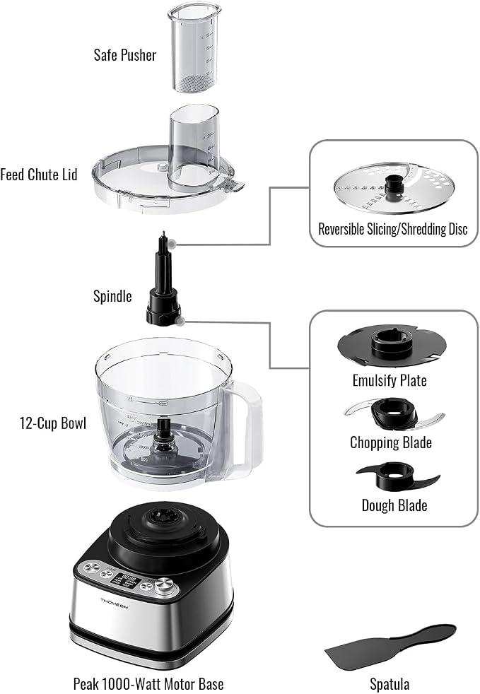 Food Processor, 4 Programs & Pulse,1000W Max Power,12 Cups Total Volume for Slicing, Mincing, Dicing, Shredding, Puree, Dough and Vegetable Chopper Clean Bowl Scraper, Stainless Steel