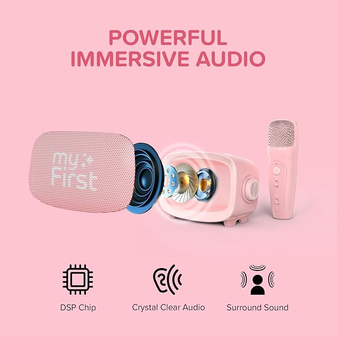 myFirst Voice 2 Kids Bluetooth Karaoke Speaker with 2 Mics | Portable Singing Machine for Children | 5 Voice Changing Effects & Wireless Mic (Pink)