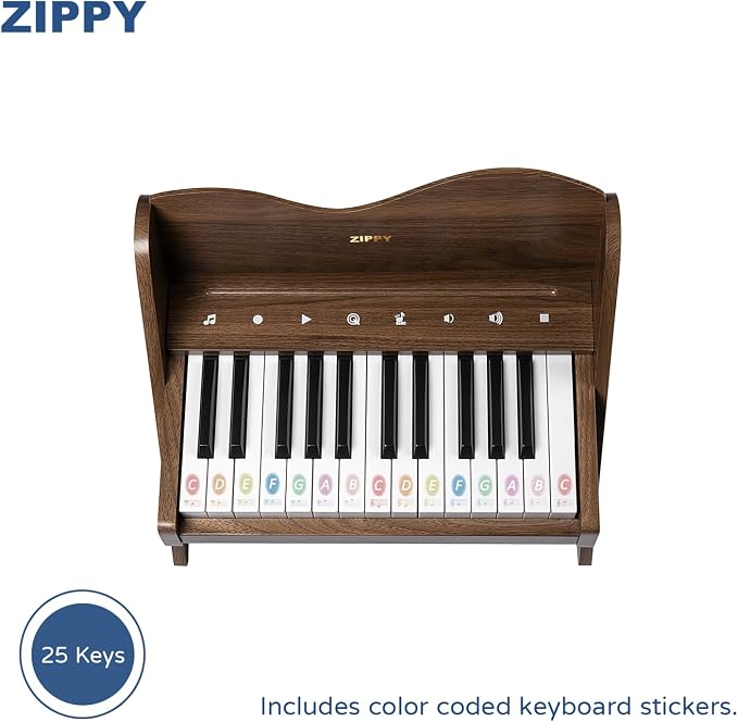 ZIPPY Kids Piano Keyboard, 25 Keys Digital Piano for Kids, Touch Sensitive Control Panel, Volume Adjustable, Mini Music Educational Instrument Toy, Wood Toy for Toddlers Girls Boys (Walnut)
