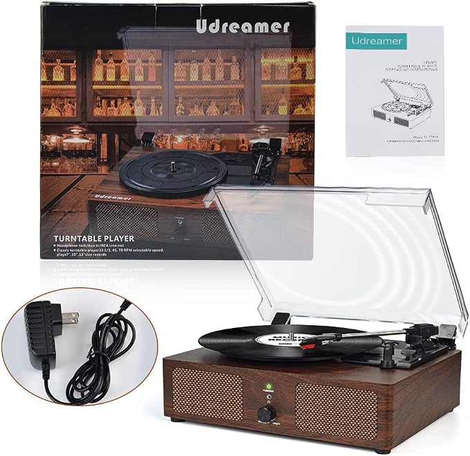 Vinyl Record Player with Built-in Speakers and USB,Belt-Driven Bluetooth Turntable with 3 Speed AUX Input Headphone Jack and RCA Output Vintage Wooden Coffee