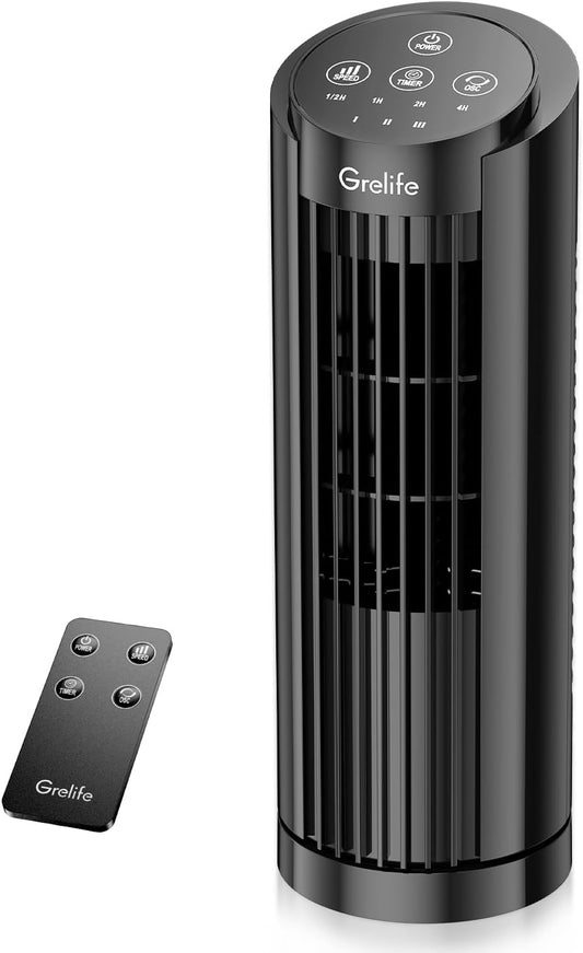 Grelife Tower Fan, 13" Electronic Model with Remote Control, 28dB Quiet Operation, 90° Wide Oscillation, 3 Speeds, 7.5H Timer, LED Display, Bladeless Safe Design for Bedroom Office Home Dorm and Desk