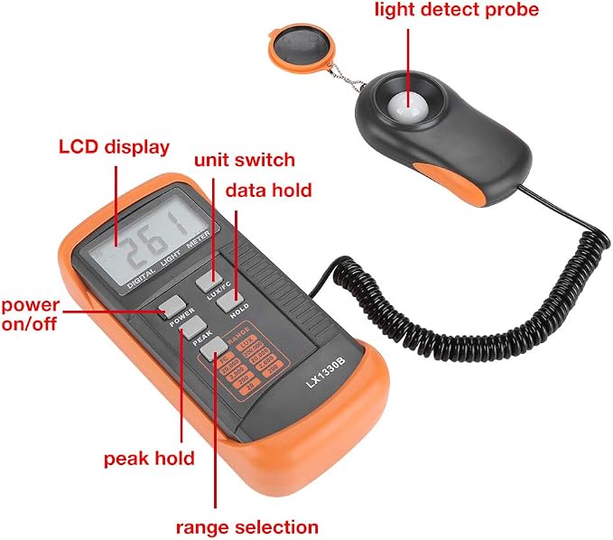 Walfront Light Meter for Plants Lux Meter Meter 0-200,000 Digital Luxmeter LX1330B LCD Display Illuminance Luminometer Lux and FC Switchable