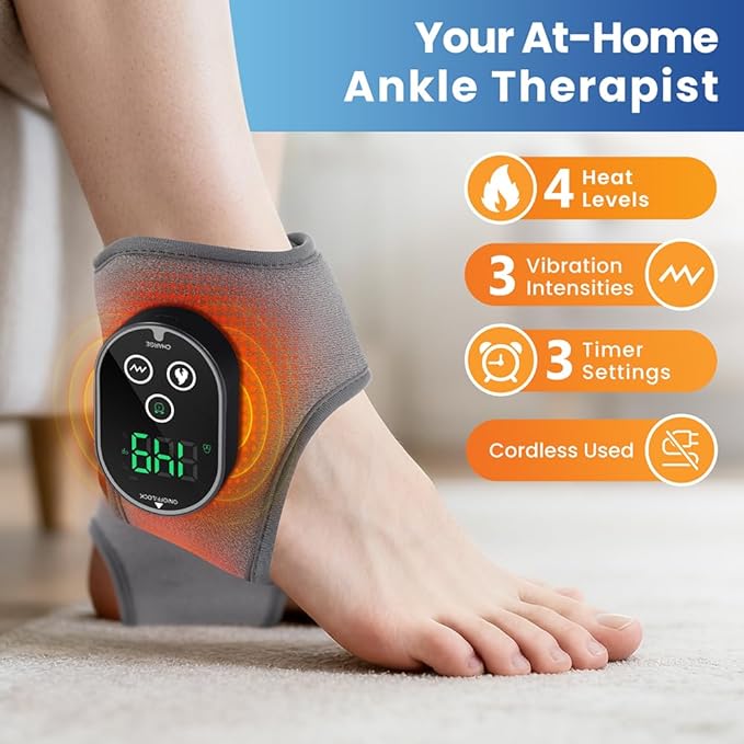 2PCS Cordless Ankle Heating Pad with Massager | Foot and Ankle Massager with Heat, Rechargeable Heated Foot Brace Wrap, 3 Vibration Modes, 4 Heating Modes