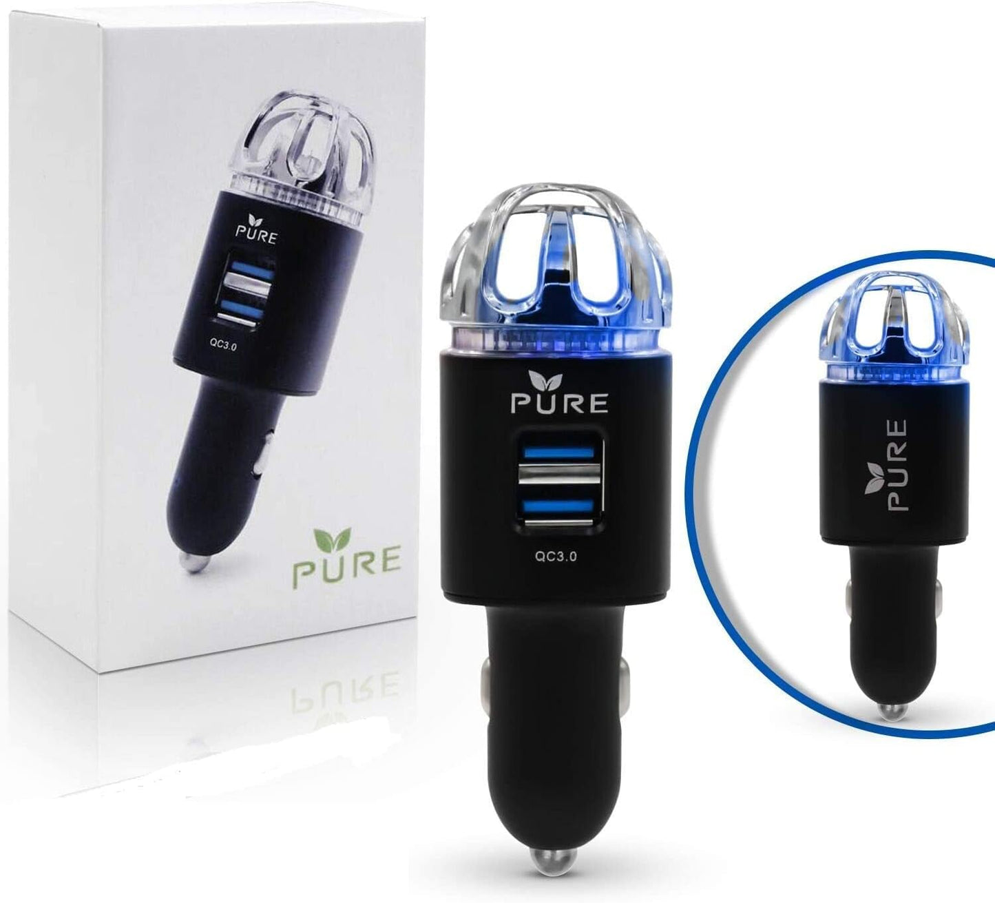 Car Air Purifier Premium Air Ionizer & Car Charger Accessory w Dual USB Ports Quick Charge 3.0 Eliminate Allergens Bad Odor Pet Smell Smoke Pollen Mold Bacteria Viruses PM2.5 & VOCs Deodorizer
