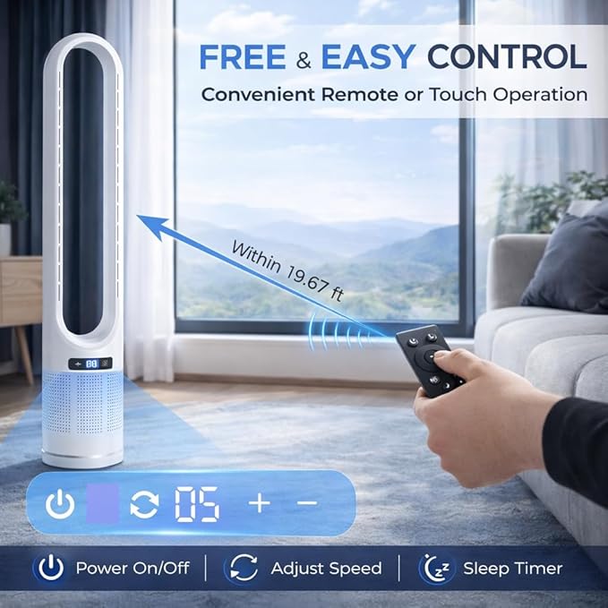 41" Bladeless Tower Fan with Air Filter, 80° Oscillating Fan with Remote Control, 8 Speeds, 8H Timer, Quiet Cooling Fan with LED Display, Standing Fan for Bedroom, Home, Office