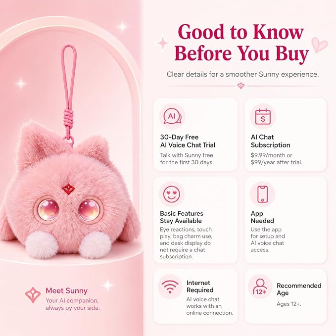 AI Plush Bag Charm, Interactive Voice Chat Companion Stuffed Animals with App-Connected, Expressive LED Eyes, Touch-Reactive Stuffed Toy, Cute Plush Keychain Gift for Teens and Plush Lovers