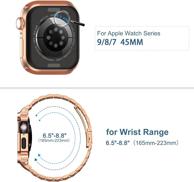 MioHHR Stainless Steel Watch Band with Case Compatible with Apple Watch Series 9/8/7(45mm),Rugged Strap with Metal Protective Bumper Cover for iWatch Band Men(Rose Gold)