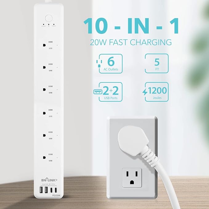BN-LINK Smart WiFi Power Strip Surge Protector, 6 Individually Controlled Outlets, 4 USB Ports with 20W USB-C Fast Charging, Alexa & Google Home Compatible, App Timer Control