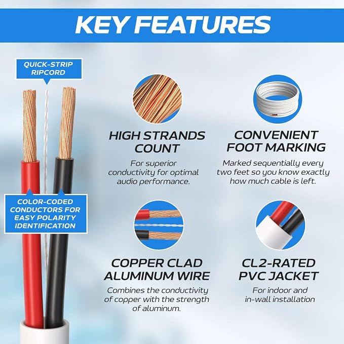 Cables Direct Online 500FT 18/4 Speaker Wire CL2 Rated Indoor Low Voltage Copper Clad Aluminum (CCA) 18 Gauge 4 Conductors Cable with Easy Pull Box – Perfect for in-Wall Installation