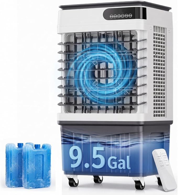 Evaporative Cooler, Swamp Cooler Air Conditioner 9.5 Gal Water Tank | 2500 CFM, 120° Oscillation, 3 Speeds&Modes,12H Timer, Remote&Touch,4 Ice Packs, for Garage, Large Room, Dry Climate