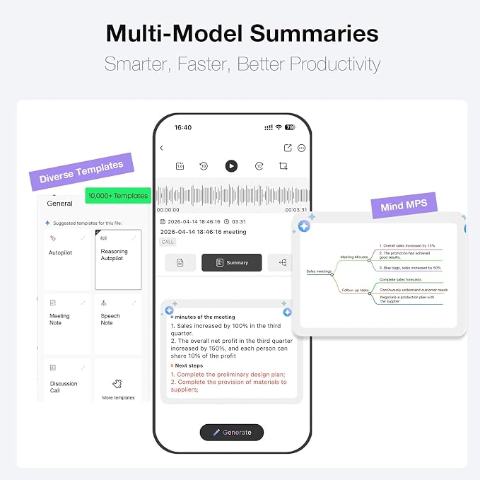 AI Voice Recorder, Transcribe & Summarize with AI Technology, App Control, 64GB Voice Recorder for Meetings & Calls, Supports 152 Languages, Ultra-Slim Recorder, Case Included, Gray