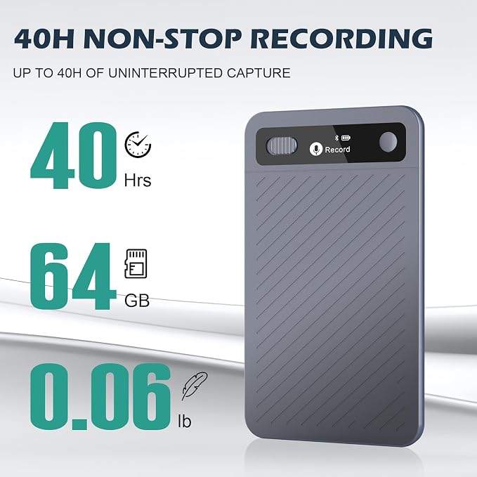 AI Voice Recorder with Transcribe Summarize: AI Noise Reduction Speaker Separation App Control 118 Languages 64GB Storage - AI Notetaker for Students Managers - Meetings Lectures Interviews