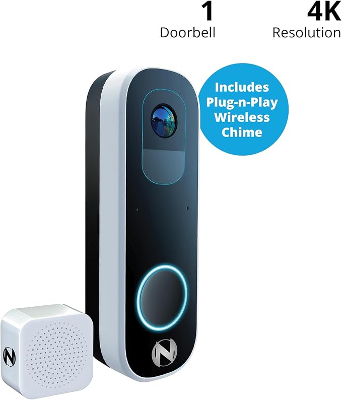 Night Owl 2K Wi-Fi Smart Dual-Powered Video Doorbell with Chime - Black