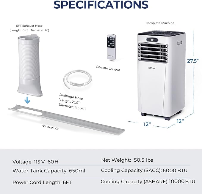 COSTWAY Portable Air Conditioner, 10000BTU Air Cooler with Drying, Fan, Sleep Mode, 24H Timer Function, Remote Control, Cools Room up to 350 Sq. ft, for Home & Office Use, Window Kit Included, White