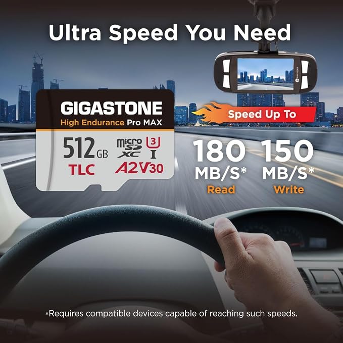 [5-Yrs Free Data Recovery] GIGASTONE 512GB Micro SD Card, TLC High Endurance Pro MAX, Speed Up to 180/150 MB/s, Compatible with REDTIGER Rove VIOFO VANTRUE PRUVEEO Dash Cam, MicroSDXC UHS-I A2 V30 U3