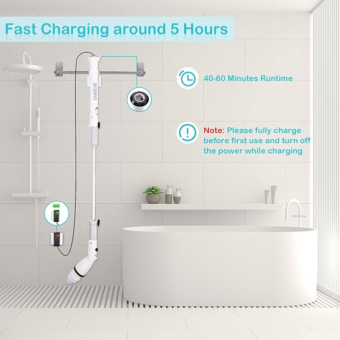 Electric Cleaning Brush with Long Handle Rechargeable, Efficient Electric Spin Scrubber Cordless Tub and Tile Scrubber, Electric Scrubber Brush for Cleaning Bathroom Cleaning Tool Waterproof