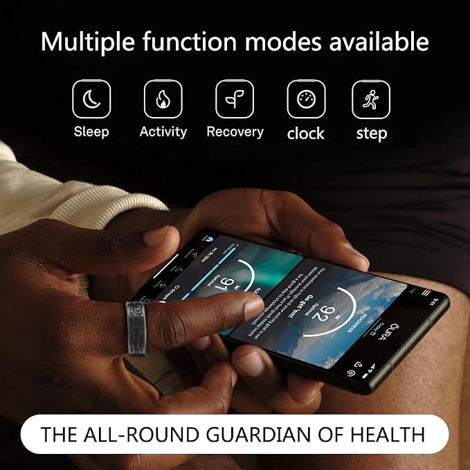 Smart Ring - Fitness Tracker with Sleep Monitor, Pedometer & 20+ Exercise Modes, IP68 Waterproof, USB Rechargeable, Stainless Steel Retro-Fashion (Black) (11#20.7mm)