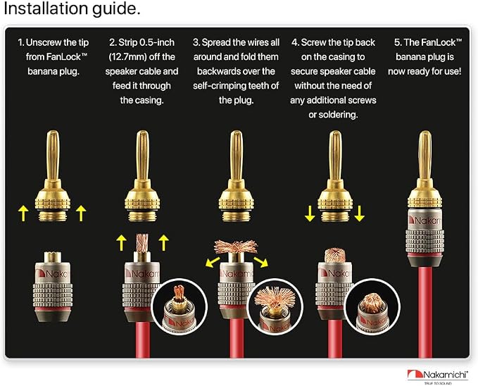 Nakamichi FanLock Excel Series 24k Gold Plated Banana Plugs 10 AWG - 18 AWG Gauge Size 4mm for Speakers Amplifier Hi-Fi Stereo Home Theatre Radio Audio Wire Cable Quick Connector, 10 Pcs (5-Pairs)