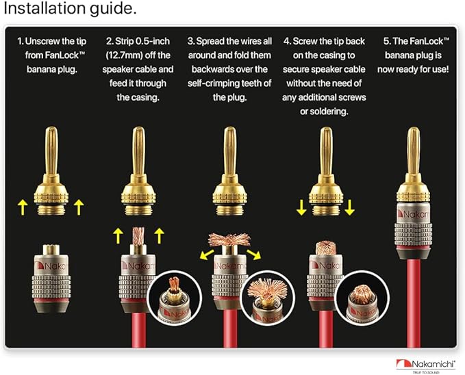Nakamichi FanLock Excel Series 24k Gold Plated Banana Plugs 10 AWG - 18 AWG Gauge Size 4mm for Speakers Amplifier Hi-Fi Stereo Home Theatre Radio Audio Wire Cable Quick Connector, 16 Pcs (8-Pairs)