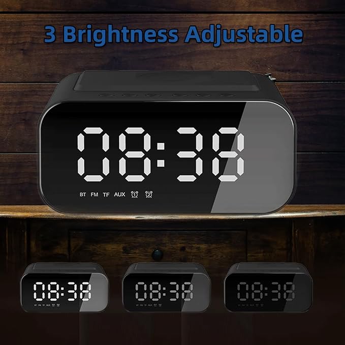 IHAO 7in1 Multifunctional Digital Alarm Clock with 15W Fast Wireless Charger Bluetooth Speaker LED Display Clock FM Radio TF Card, AUX Input, USB Port Dual Alarm for Bedroom and Office-BT510 White