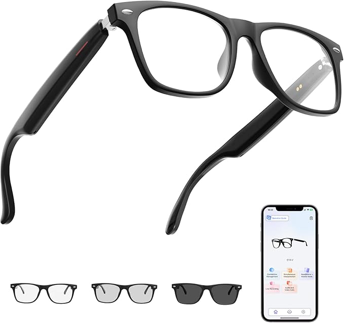 AI Smart Glasses Powered By GPT, Support 165+ Languages Real-Time Translation, Speakers & Audio Call Translator, AI Object Recognition, Noise Reduction, Smart Bluetooth Glasses for Men & Women(Black)
