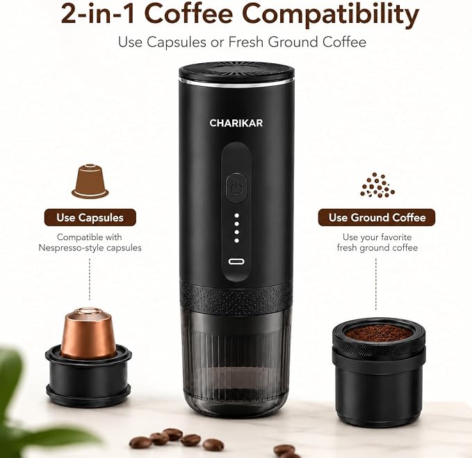 Portable Espresso Machine, Self-Heating Travel Coffee Maker, 20 Bar 7500mAh Rechargeable Espresso Maker for Ground Coffee & Capsules, Compact Cordless Brewer for Camping, Car, Office & RV