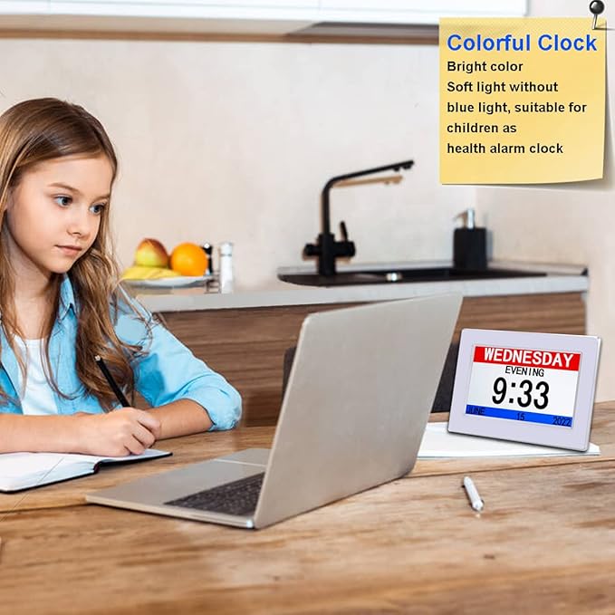 AINFTIME DST Clock with Day and Date for Elderly-3 Display Digital Calendar Alarm Day Dementia Alzheimers Clock with Extra Large Display (7in White)