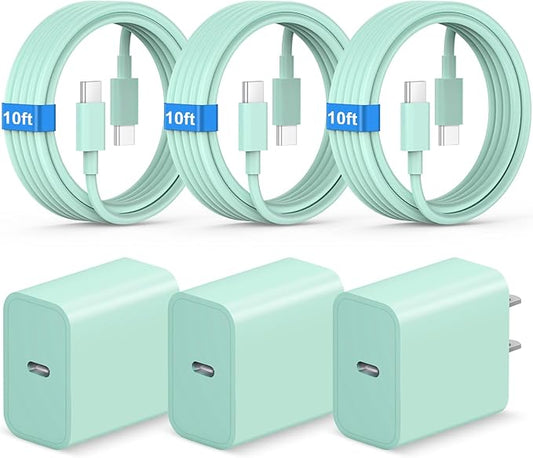 New iPhone 17 16 Charger Fast Charging 10FT Long Type C to C Cable with 3 Pack USB C Wall Charger Block Compatible with iPhone 17/17 Pro/17 Pro max/Air, iPhone 16 15 Pro Max/Plus, iPad Pro,Samsung