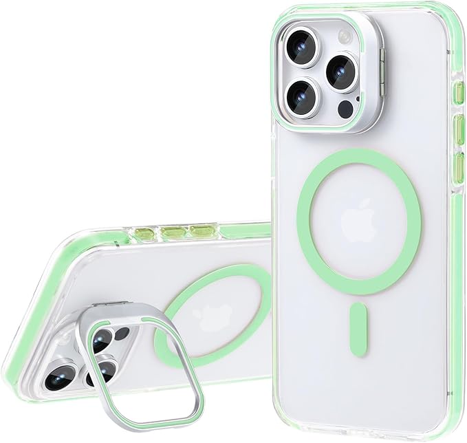 Strong Magnetic case for iPhone 14 pro max [10Ft Military-Grade Protection] Compatible with MagSafe Shockproof Slim Thin Cover 6.7 inch, Clear Light Green Stand