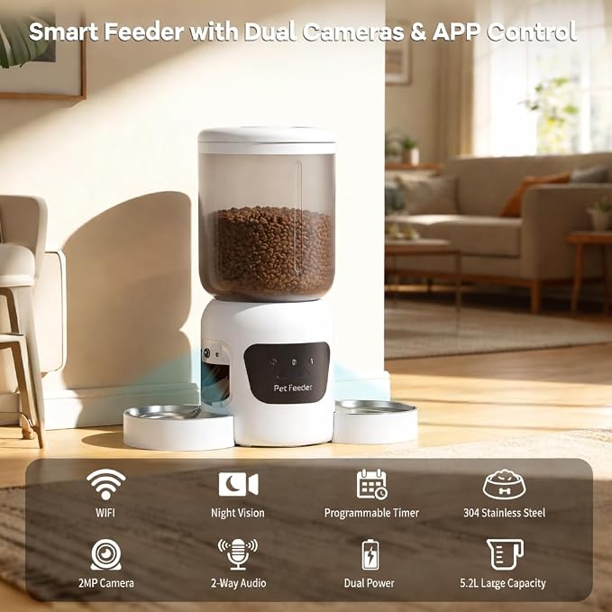 Automatic Cat Feeder with Camera, 5.2L Smart Cat Food Dispenser for Multi-Pet Homes, 170° Wide Angle Night Vision Auto Cat Feeder for Cats and Dogs, 5G WiFi App Remote Control for Busy Families, White