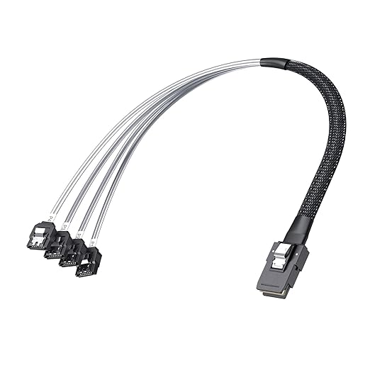 10Gtek MiniSAS SFF-8087 Fan-Out Cable Breakout to 4xSATA, 6Gbps High-Speed Cable for RAID Controllers, Servers & Storage Enclosures, with Latch, 0.5-m(1.6ft)