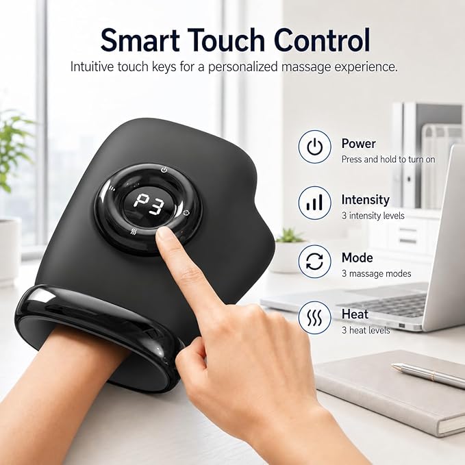 Hand Massager with Heat & Compression, Individual Finger Massage, Touch Screen & Large Display, 3 Modes 3 Intensity Levels, 3 Heat Settings, Rechargeable for Arthritis Carpal Tunnel Relief