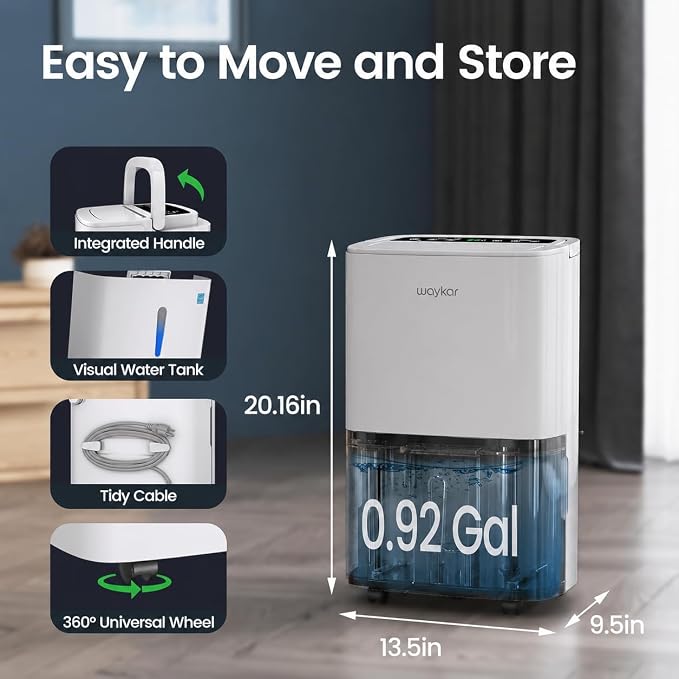 Waykar 6,500 Sq. Ft. 120 Pints 2025 Energy Star Dehumidifier for Home and Basement with Auto or Manual Drainage, Portable, Auto Defrost and Self-Drying, Ideal for Large Rooms