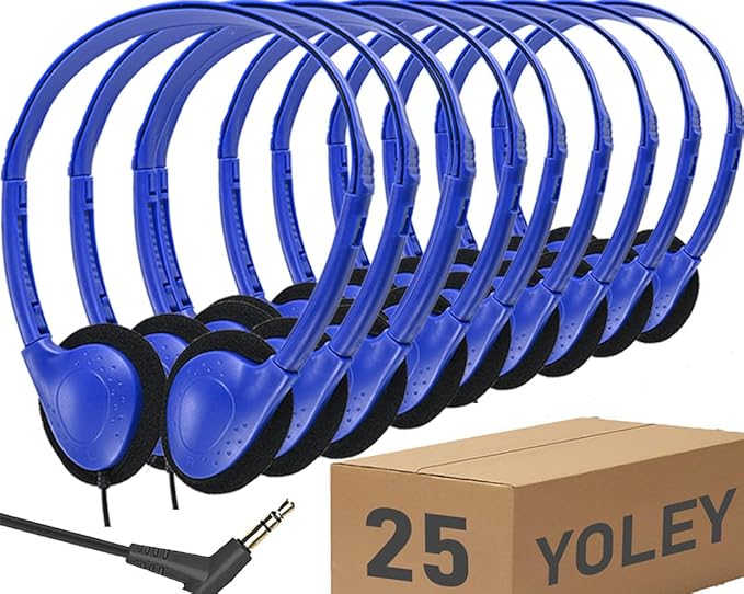 Classroom Headphones Bulk 25 Pack Class Set for School Students Kids and Adult -Sturdy Wired 3.5mm Plug (Blue, 25 Pack)