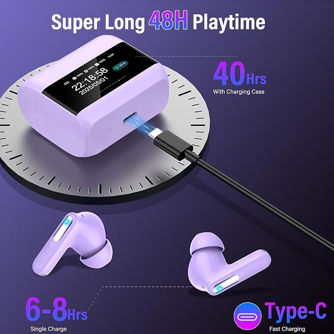 Wireless Earbuds with Touch Screen, Bluetooth 5.4 Headphones, ANC/ENC Noise Cancelling, 48H HiFi Stereo Bluetooth Ear Buds with 5 EQ Modes, Transparency Mode, IPX7 Earphones, Purple