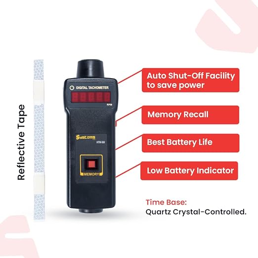 HTM-560 Non-Contact Digital Tachometer Offers Accurate and Easy-to-use RPM, Memory Recall, a Laser Tachometer, a Low Battery Indicator, and is a Non-Contact Tachometer.