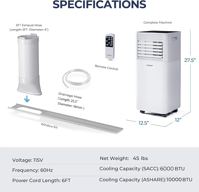 COSTWAY Portable Air Conditioner, 10000 BTU AC Cooling for Room Spaces up to 350sq.ft, with Remote Control, 24H Timer & Window Venting Kit, with Sleep Mode, Suitable for Bedroom, Living Room, Black