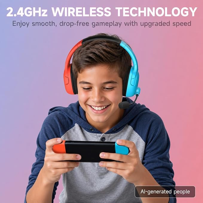 AOC Wireless Gaming Headset for Nintendo Switch 2/OLED/Lite, Wireless Gaming Headphones with Mic, 3.5mm Stereo, Noise Cancelling Mic, Lightweight On-Ear for PS5, PC, Fortnite (Red/Blue)