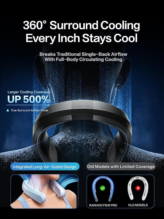 RANVOO Neck Fan, 120° Adjustable-width Portable Fan, 360° Cooling Neck Fans, 16H Battery Powered Fan, 3 speeds Personal Fans, Bladeless Hands Free outdoor Fans for Travel/Gift/Men/Women, Black